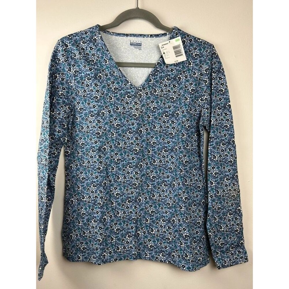 Basic Editions Women’s M Blue Floral V-Neck Knit Long Sleeve Top NWT